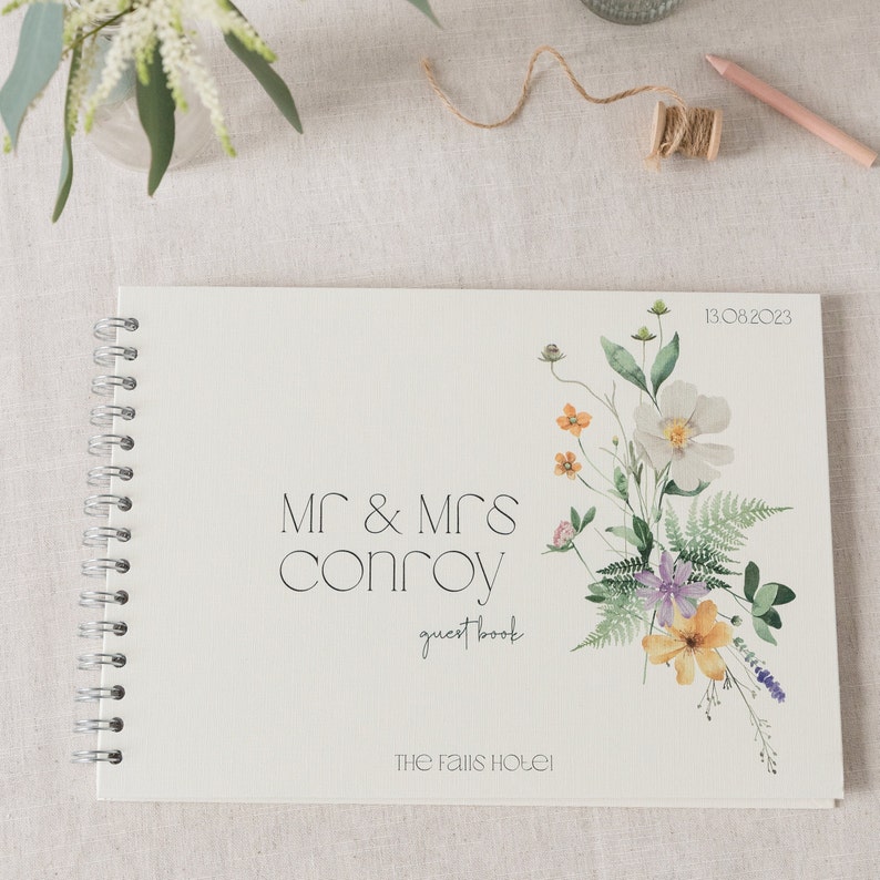 Wedding Guest Book Dainty Summer Flowers Personalised Wedding Book Hardback Ivory Guestbook image 2