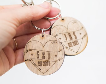Love Heart Wooden Oak Token Personalised Keyring Set