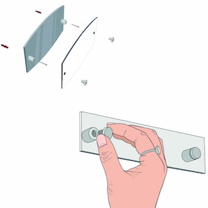 May include: Clear acrylic sign components with mounting hardware. The image shows the parts needed to assemble a sign, including curved acrylic panels, screws, and standoffs. A hand is shown assembling the sign with a silver ring on the finger.