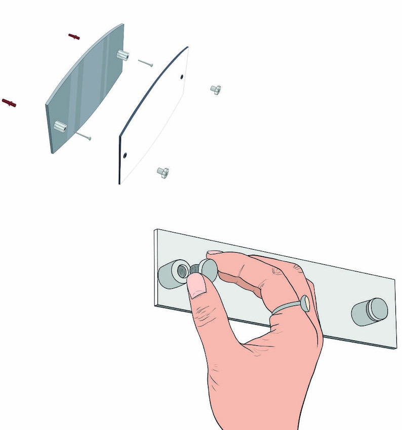 May include: Clear acrylic sign components with mounting hardware. The image shows the parts needed to assemble a sign, including curved acrylic panels, screws, and standoffs. A hand is shown assembling the sign with a silver ring on the finger.