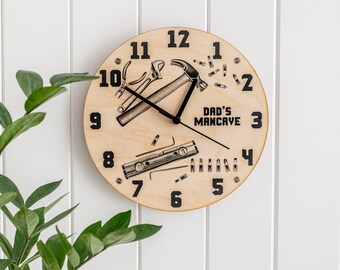 DIY Tools Man Cave Personalised Wooden Clock - Family New Home Gift - Illustrated Acrylic Wall Clock