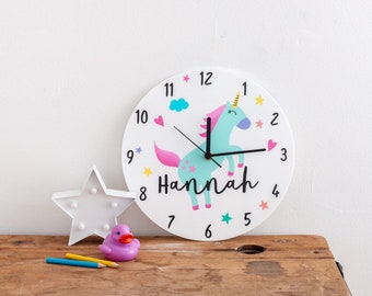 Child's Unicorn Personalised Clock - Illustrated Unicorn Kids Bedroom Clock - Customised Name Clock Gift