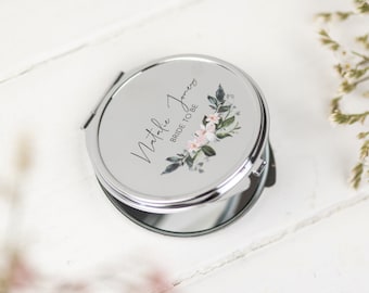 Novia para ser regalo de espejo compacto personalizado - corona floral nupcial espejo de bolsillo plateado - regalo de despedida de soltera boho