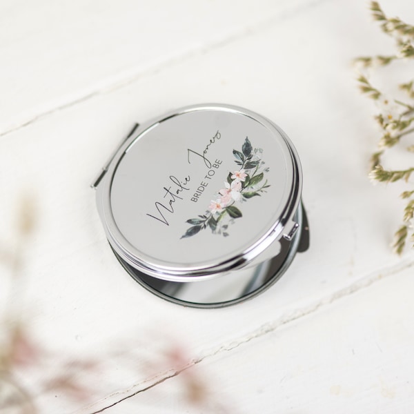 Bride To Be Personalised Compact Mirror Gift - Bridal Floral Wreath Silver Pocket Mirror - Boho Hen Party Gift