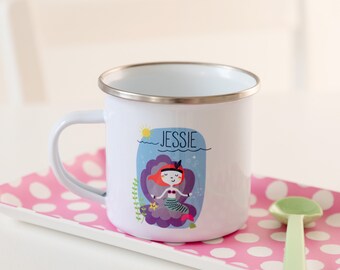 Taza de sirena esmaltada personalizada para niños – Taza de camping infantil bajo el mar