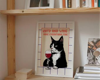 Personalised Cats And Wine Wall Art Print In A4 Or A3