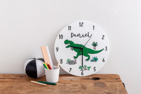 Children S Personalised T Rex Clock Dinosaur Theme Clock Kids Bedroom Clock Dinosaur Gift Illustrated Acrylic Clock
