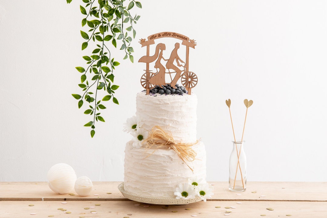 Bride and Groom Tandem Bicycle and Banner Topper - Personalised Wooden ...