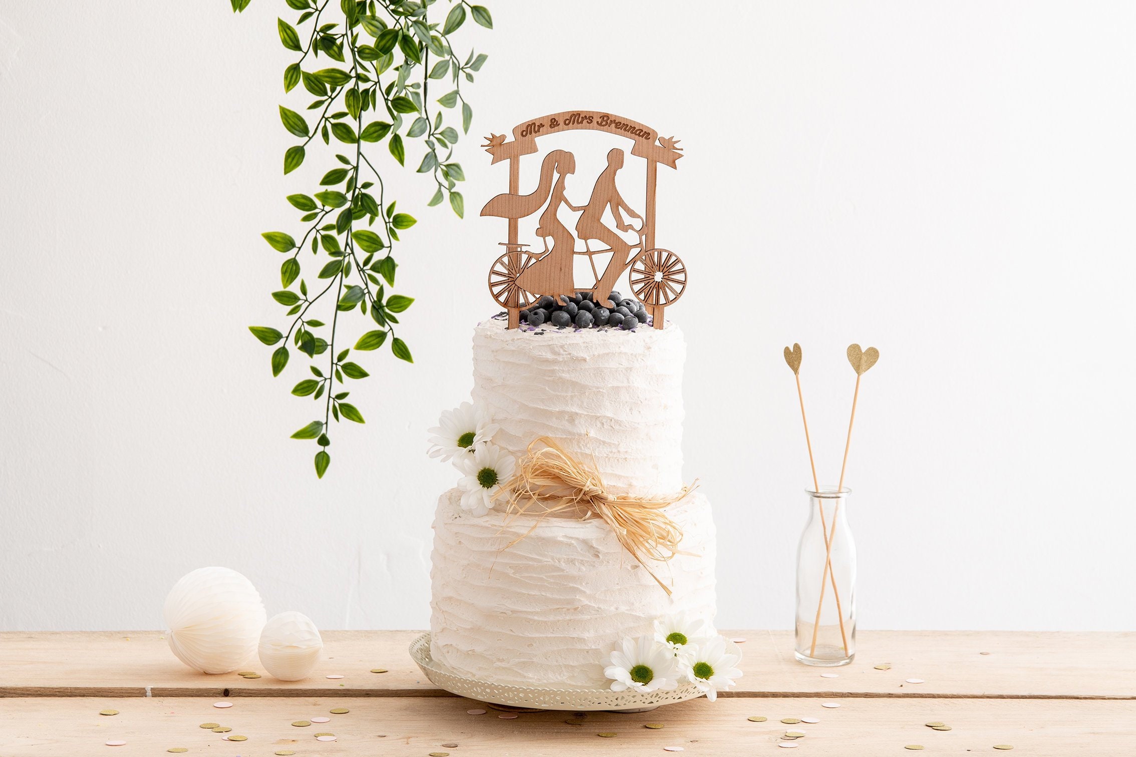 Bride and Groom Tandem Bicycle and Banner Topper - Personalised Wooden ...