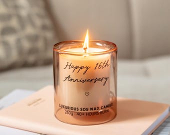 16th Wedding Anniversary Wax Gift | 'Happy 16th Anniversary' — Scented Soy Wax Candle - Celebration