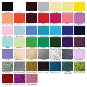 May include: A color chart with 36 different colors, including black, white, brown, light grey, cream, pastel yellow, yellow, pastel orange, orange, maroon, red, hot pink, coral, bubblegum pink, baby pink, baby blue, dolphin blue, turquoise, sky blue, royal blue, navy, mint, pistachio, lime green, green, racing green, purple, plum, lilac, birch wood, gold, silver, pearl white, silver pearl, iridescent, holographic glitter, glitter silver, glitter gold, glitter black, glitter blue, glitter turquoise, glitter green, glitter red, glitter purple, and glitter pink.