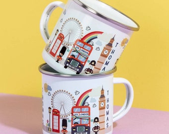 Personalised London Bus Enamel Mug – Custom Children’s UK Landmark Camping Cup – Big Ben, Red Bus & British Souvenir Gift