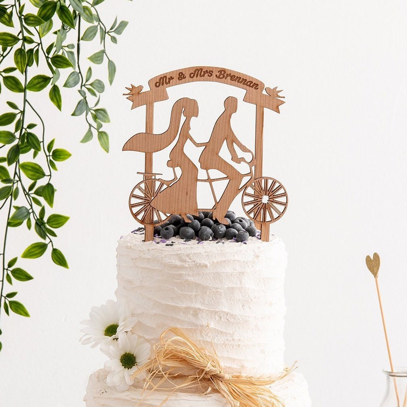 Bride and Groom Tandem Bicycle and Banner Topper - Personalised Wooden ...