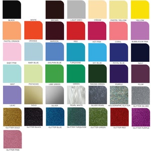 May include: A color chart featuring a variety of hues, including black, white, and shades of gray, along with vibrant colors like red, blue, and green. Glitter options in gold, silver, and various colors are also displayed.
