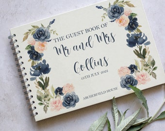 Blush Pink And Navy Roses Wedding Guestbook - Civil Ceremony Guest Book - Personalised Stationery