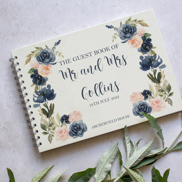 Blush Pink And Navy Roses Wedding Guestbook - Civil Ceremony Guest Book - Personalised Stationery