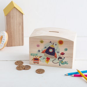 Wooden Space Themed Boys & Girls Money Pot Children's Illustrated Piggy Bank Personalised Wooden Money Box Kid's Money Pot image 5
