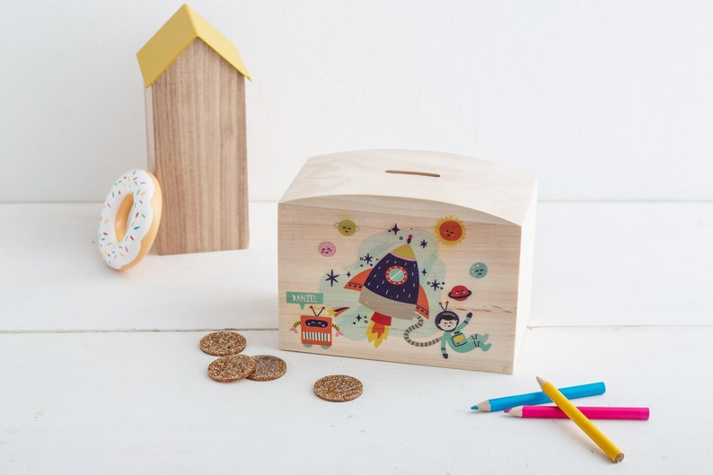 Wooden Space Themed Boys & Girls Money Pot Children's Illustrated Piggy Bank Personalised Wooden Money Box Kid's Money Pot image 5