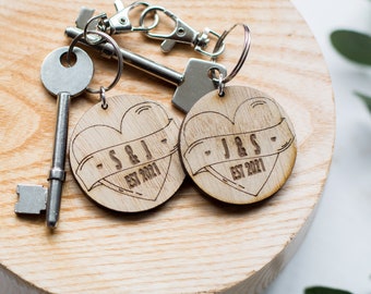 Oak Wood Love Heart Personalised Initial Keyring Set