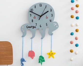 Children's Swimming Disky Blue Octopus Personalised Wall Clock | Sea Themed Bedroom Decor