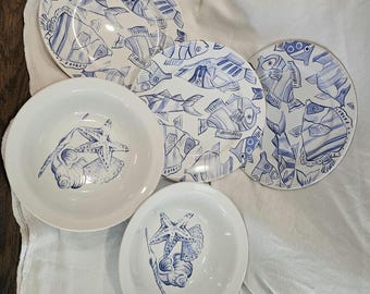 Vintage Newcore Blue Coastal Sea Life Stoneware Set - 5 Piece Lot