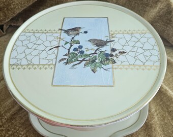 Vintage Style Decorative Pedestal Cake Stand with Matching Scalloped Plate Set