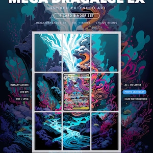 Könnte beinhalten: Ein 9-Karten-Ordner-Set als digitaler Download mit erweiterter Kunst, inspiriert von Mega Dragalge EX. Die Grafik zeigt eine lebendige Unterwasserszene mit tiefblauem, violettem und neonpinkem Korallenriff, einer Zentralkarte und Text.