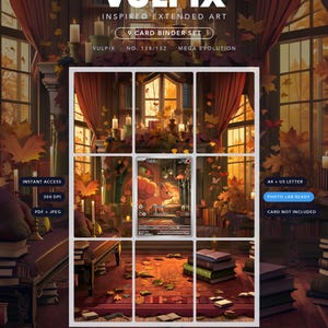 May include: A 9-card binder set of Vulpix inspired extended art featuring a cozy room with a fireplace, autumn leaves, and books. The digital download includes text labels like VULPIX, 9 CARD BINDER SET, INSTANT ACCESS, and A4 + US LETTER.
