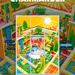 Puede incluir: Un set de 9 cartas para archivador en descarga digital con arte extendido inspirado en Charmander. La imagen muestra un jardín soleado con tonos amarillos, naranjas y verdes. El texto incluye CHARMANDER, INSPIRED EXTENDED ART, 9 CARD BINDER SET, INSTANT ACCESS, 300 DPI, PDF + JPEG, A4 + US LETTER, PHOTO LAB READY, CARD NOT INCLUDED e INSTANT DIGITAL DOWNLOAD.