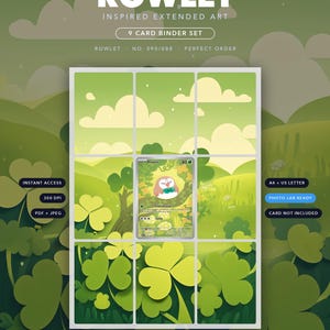 Puede incluir: Un conjunto de 9 tarjetas para carpeta en descarga digital con arte extendido inspirado en Rowlet. El gráfico muestra una cuadrícula de nueve paneles que forman un paisaje verde continuo con hojas de trébol y nubes, con una carta de Rowlet en el centro.