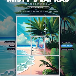 May include: A 9-card binder set digital download featuring Misty's Lapras extended art. The graphic displays a tropical beach scene with palm trees, blue ocean waves, and a central trading card. Text includes MISTY'S LAPRAS, 9 CARD BINDER SET, and INSTANT DIGITAL DOWNLOAD.