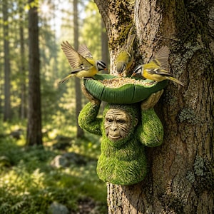 May include: A green, moss-textured monkey sculpture mounted on a tree trunk, holding a large, green, leaf-shaped bowl filled with birdseed. Three small yellow and grey birds are perched on the rim of the bowl, eating the seeds.