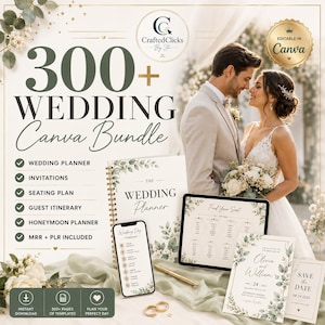 300+ Wedding Canva Template Bundle | Wedding Planner, Invitations, Seating Plan, Itinerary, Honeymoon Planner | Editable Canva | PLR & MRR