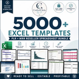 May include: A digital bundle of 5000+ Excel templates featuring a logo for Crafted Clicks By Sta, text indicating PLR and MRR reseller rights, and commercial use. The graphic displays various spreadsheet examples including sales trackers and budget reports.