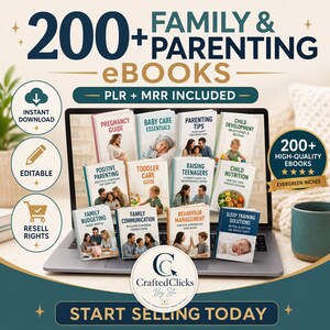 May include: A digital collection of 200+ family and parenting ebooks displayed on a laptop screen. The titles include Pregnancy Guide, Baby Care Essentials, Parenting Tips, Child Development, Positive Parenting, Toddler Care, and Sleep Training Solutions.