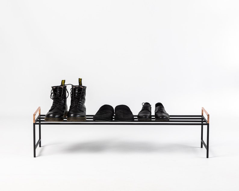 Black metal shoe rack with copper handles. Hand Welded in Ukraine. Hand welded from high grade steel square tube. Design Atelier Article on Etsy