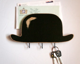 Unique Entryway Black Bowler Wall Mail Organizer, Key hanger for walls, Whimsical Wall Shelf for Keys and Letters Holder,