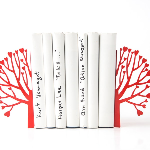 Red Metal Bookends: Tree of Hearts, Modern Bookshelf Decor
