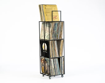 Gift for Music Lover: Vinyl Record Storage, Four Deck Album Сrate Сart on Rubber Wheels, Perfect Present for Vinyl Record Collector.