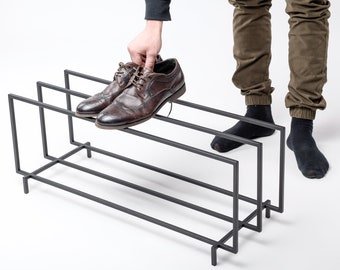 Minimalist Black Metal Shoe Rack | Hand Welded Shoe Storage for Stylish Home | Two Tier Shoe Rack Bench