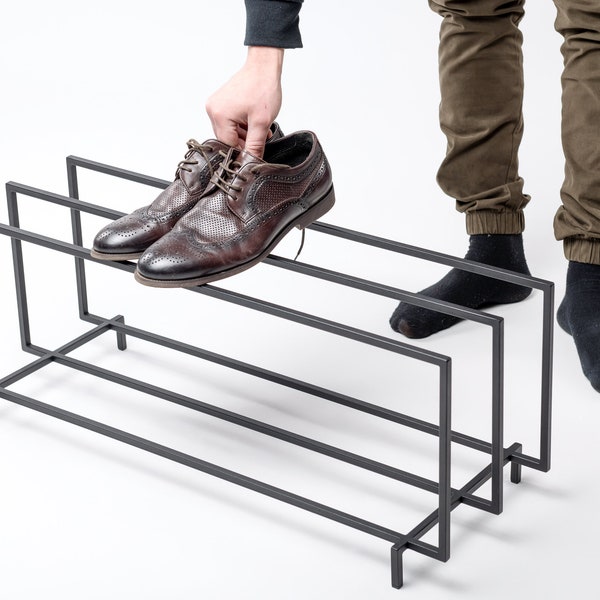 Minimalist Black Metal Shoe Rack | Hand Welded Shoe Storage for Stylish Home | Two Tier Shoe Rack Bench