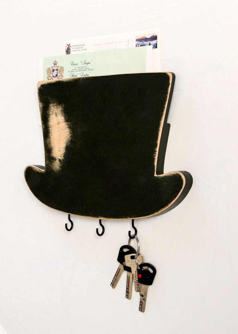 Whimsical Mail, Bills, Keys Wall Organizer, Compact Entryway Man Cave Shelf for in the Shape of High Hat, Housewarming Gift for Unique Home. image 4