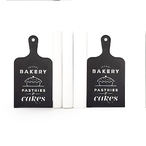 Bakery Kitchen Bookends – Black Metal Cookbook Holders with Pastry Graphics for Café Shelf Styling or Cozy Baking Corner Organization