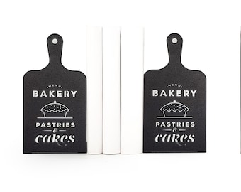 Bakery Kitchen Bookends – Black Metal Cookbook Holders with Pastry Graphics for Café Shelf Styling or Cozy Baking Corner Organization