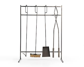 Hand Forged Fireplace Tool Set with Stand: Modern Steel Fire Tools