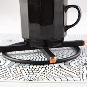 May include: Black ceramic mug with a handle resting on a black metal coaster with copper accents. The coaster is on a white and black patterned surface.