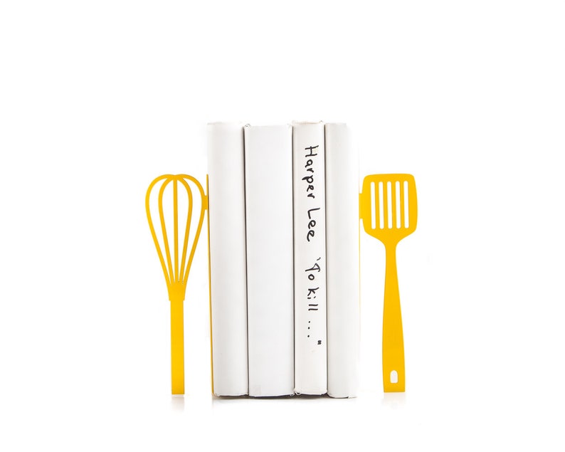 Gift for a chef Yellow Spatula and whisk bookends // kitchen stands for cookbooks // kitchen decorating ideas // FREE WORLDWIDE SHIPPING // image 1