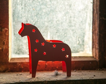 Scandinavian Dala Horse Candle Holder: Metal Lantern with Star Cutouts