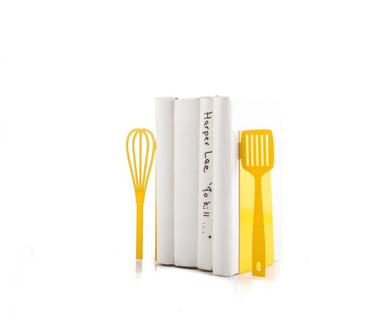 Gift for a chef Yellow Spatula and whisk bookends // kitchen stands for cookbooks // kitchen decorating ideas // FREE WORLDWIDE SHIPPING // image 2