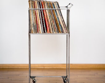 Premium Quality Vinyl Record Storage Mobile Cart. LP Record Storage Cart on Rotating Wheels Holds 80-100 LP Records.